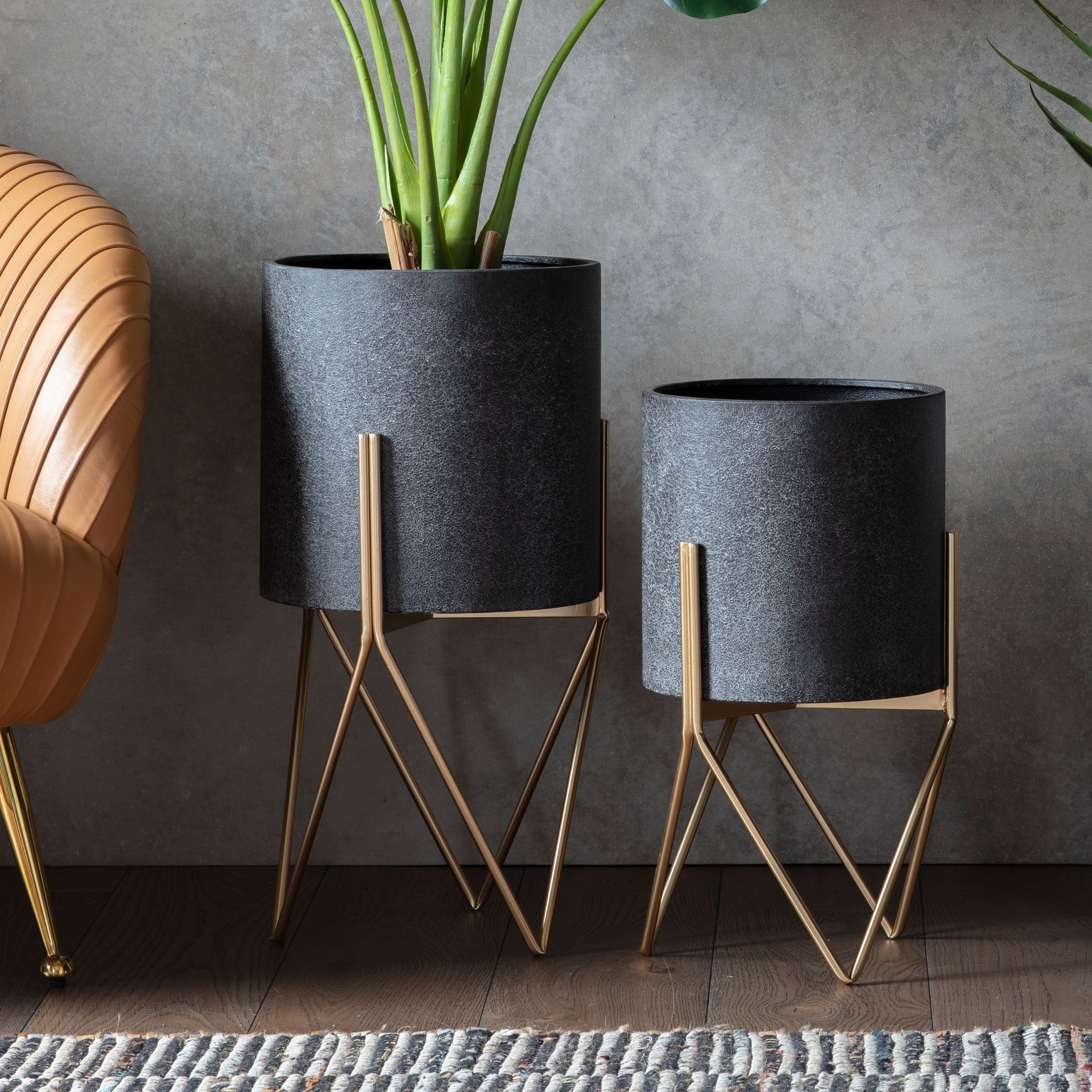 large contemporary plant pots Dalton Grey & Gold Metal Planter