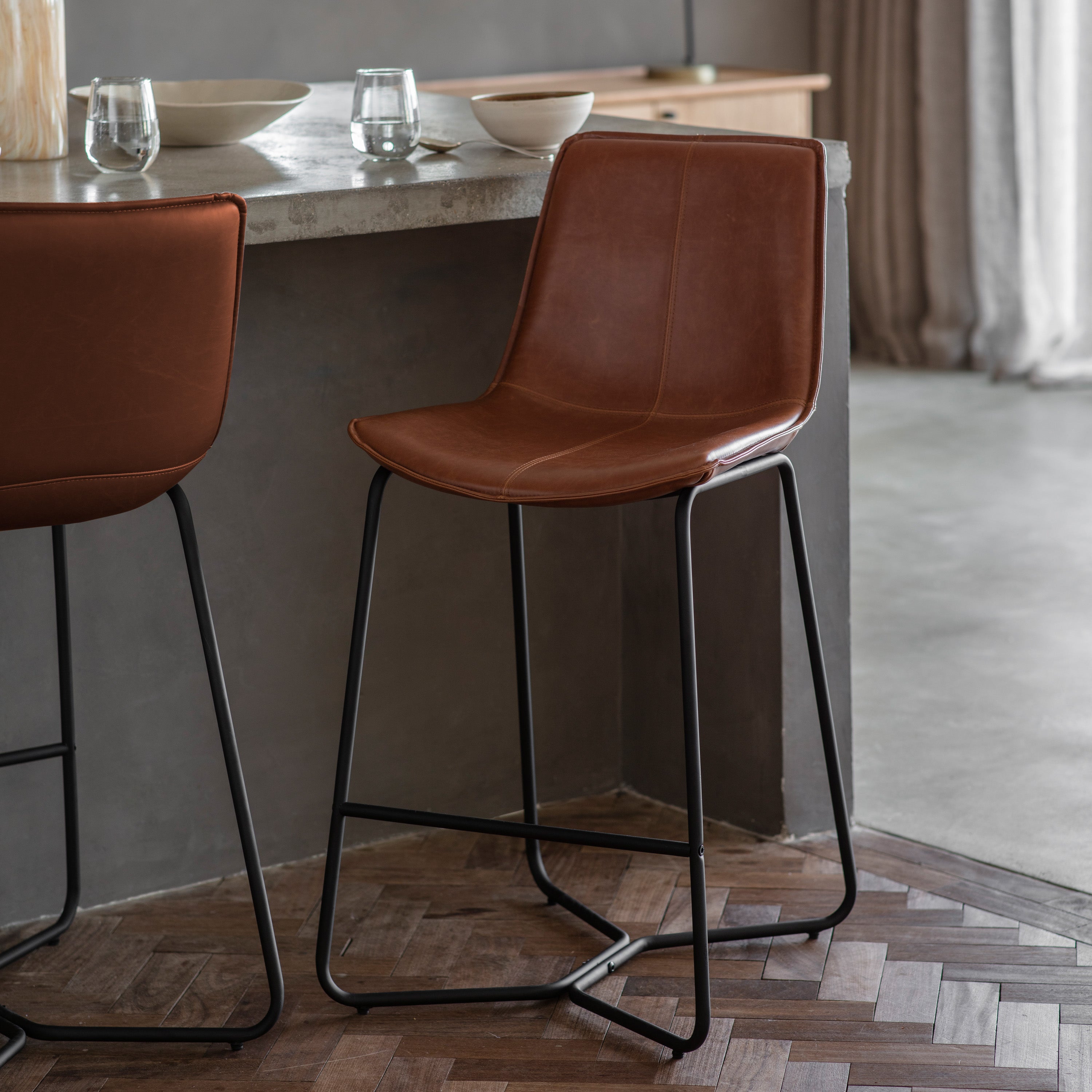 Set of Marilyn Tan Brown Leather Style Bar Stools