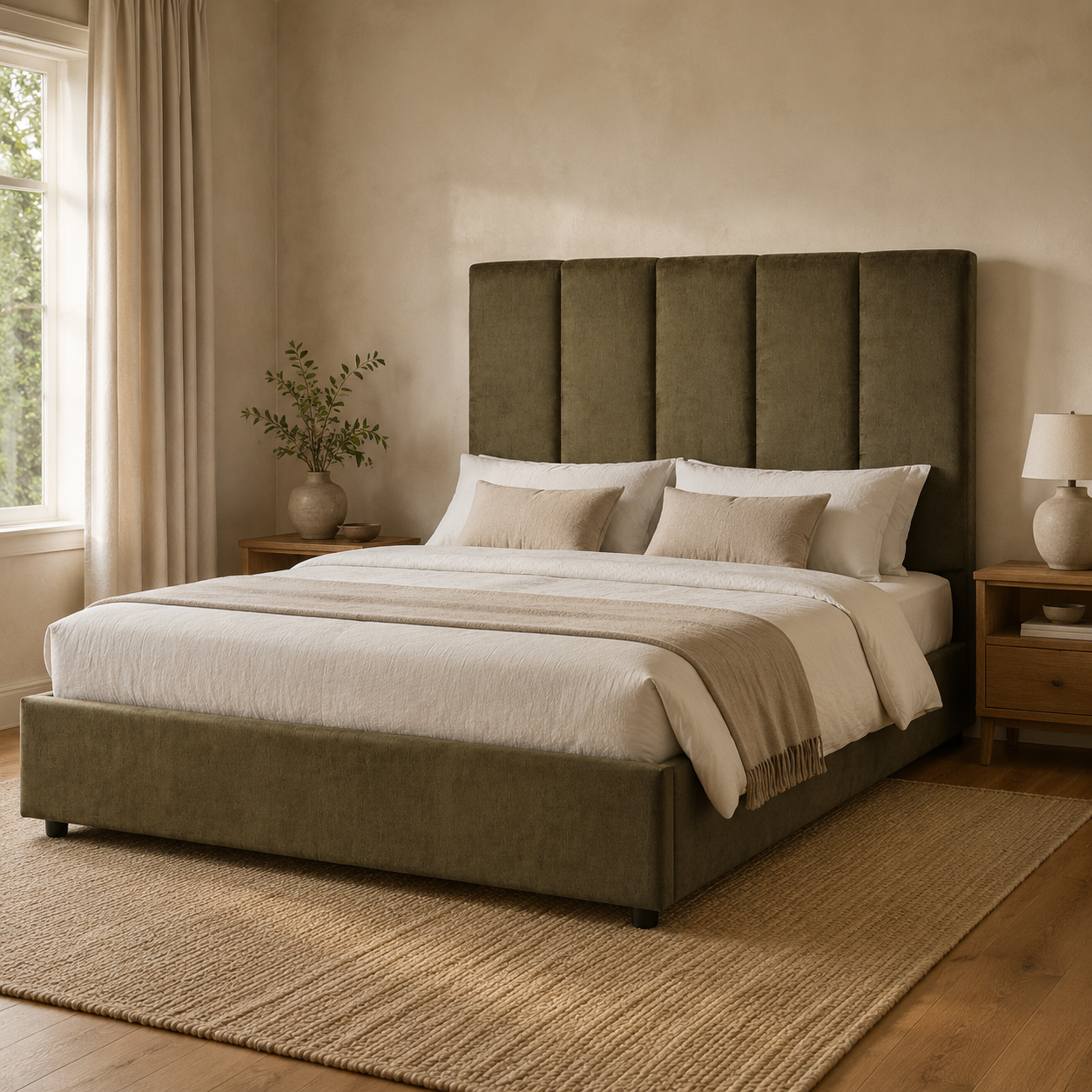 Made to order olive upholstered bed in a contemporary bedroom