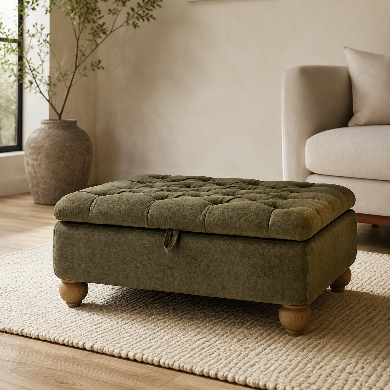 Made to order olive tufted footstool in a contemporary living room