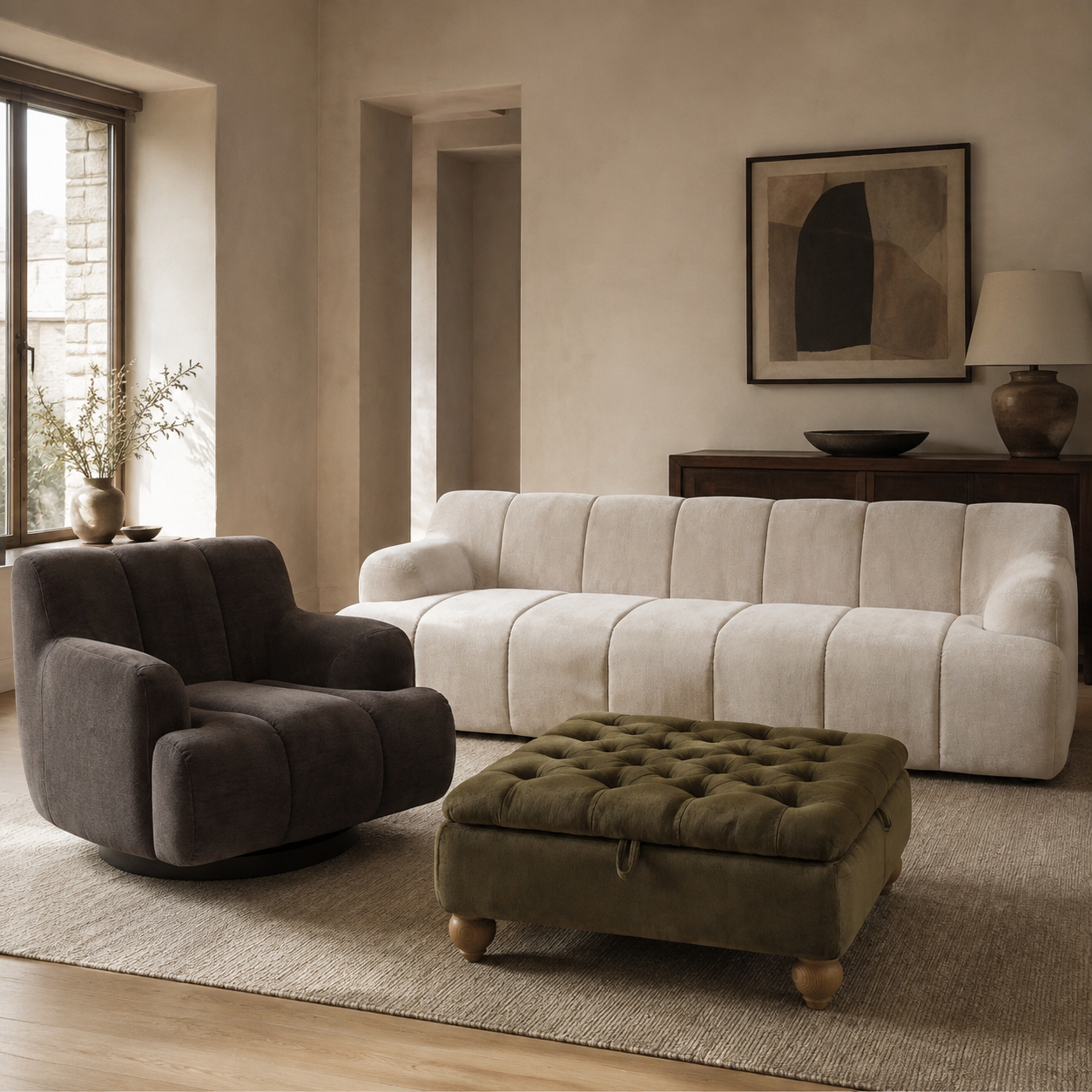 Made to order sofa armchair and footstool in a contemporary living room