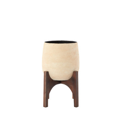 Karuna Wood & Beige Papier Mâché Decorative Planter on Stand 50cm