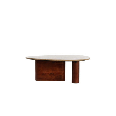 Mahelona Sand Travertine & Brown Wood Round Coffee Table