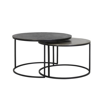 Talca Set of 2 Raw Lead & Antique Lead Metal Round Coffee Tables Nest