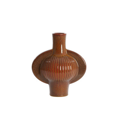 Melnik Cognac Brown Ribbed Ceramic Vase 31cm