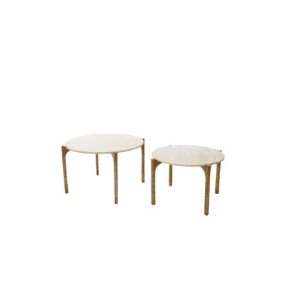 Kanae Set of 2 Sand Travertine & Antique Bronze Round Coffee Tables