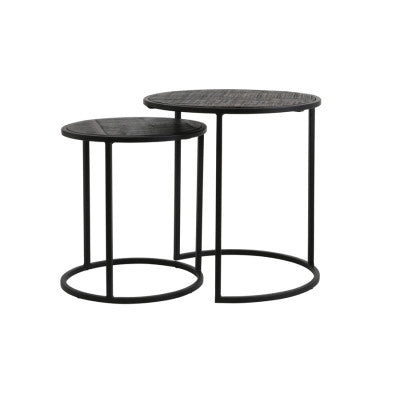 Doba Set of 2 Antique Matt Black Wood Round Side Tables Nest