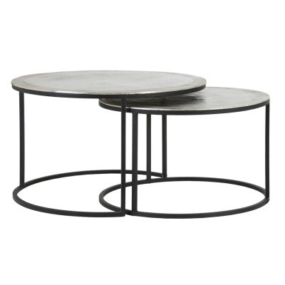 Talca Set of 2 Raw Nickel Metal Round Coffee Tables Nest