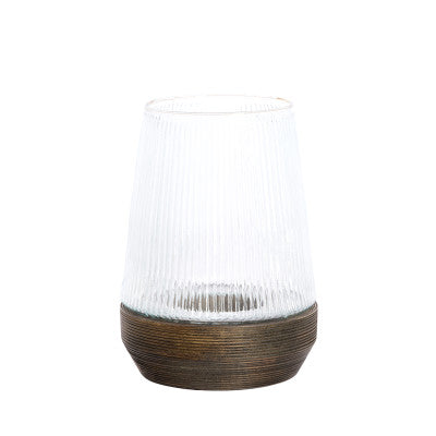 Minas Ribbed Clear Glass & Dark Brown Wood Hurricane Candle Holder 30cm