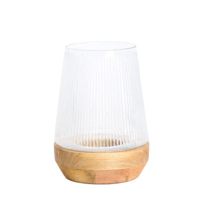 Minas Ribbed Clear Glass & Natural Wood Hurricane Candle Holder 30cm