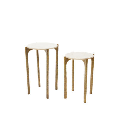 Kanae Set of 2 Sand Travertine & Antique Bronze Round Side Tables