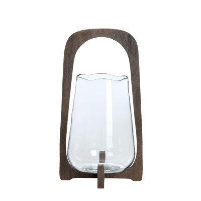 Anosy Clear Glass & Matt Dark Brown Wood Hurricane Candle Holder 48cm