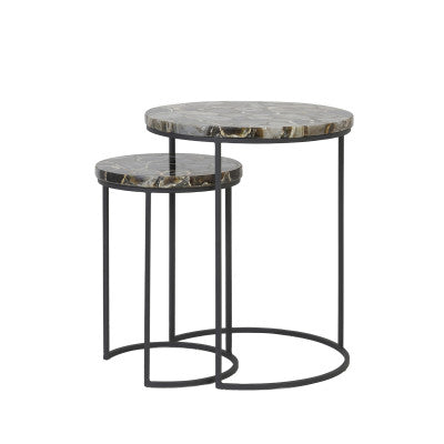 Axat Set of 2 Brown Agate & Black Round Side Tables Nest