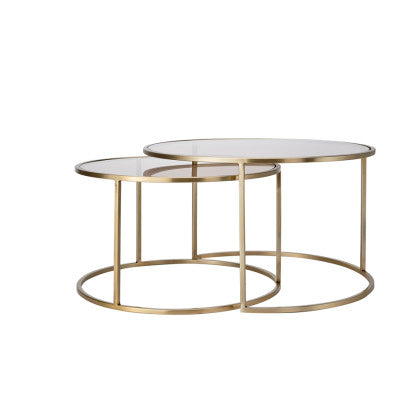Duarte Set of 2 Brown Glass & Light Gold Round Coffee Tables Nest