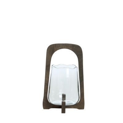 Anosy Clear Glass & Matt Dark Brown Wood Hurricane Candle Holder 35cm