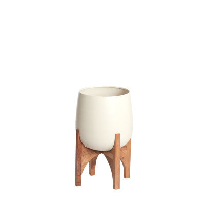 Karuna Wood & Matt Cream Decorative Planter on Stand 50cm