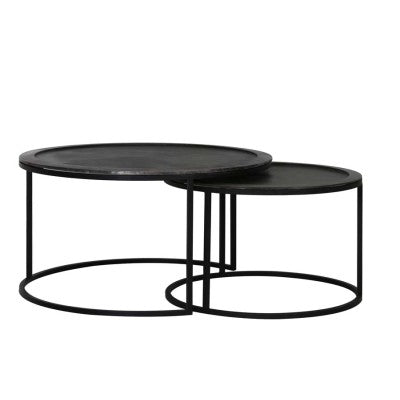 Talca Set of 2 Lead Antique Deep Edge Metal Round Coffee Tables Nest