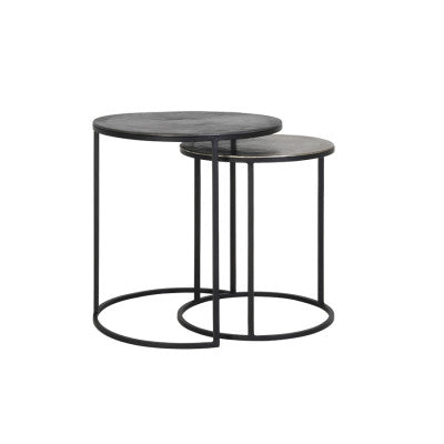 Talca Set of 2 Raw Lead & Antique Lead Metal Round Side Tables Nest