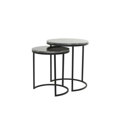 Alfio Set of 2 Dark Brown Marble & Black Round Side Tables Nest