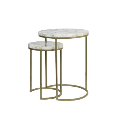 Axat Set of 2 White Agate & Antique Bronze Round Side Tables Nest