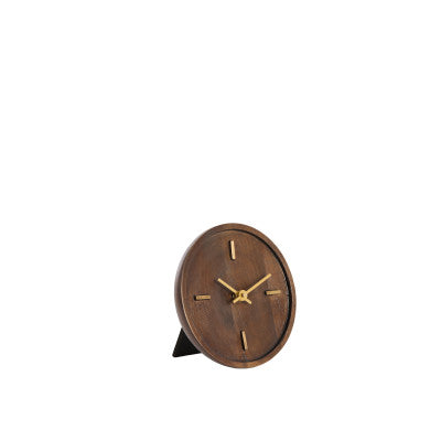 Veti Brown Mango Wood & Gold Table Clock 15cm