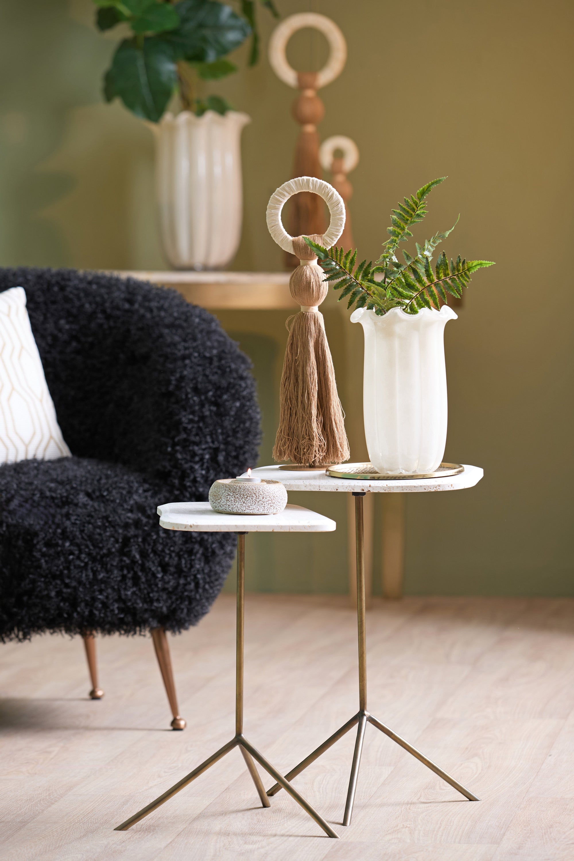 Gia Set of 2 White Travertine & Brown Bronze Side Tables Nest