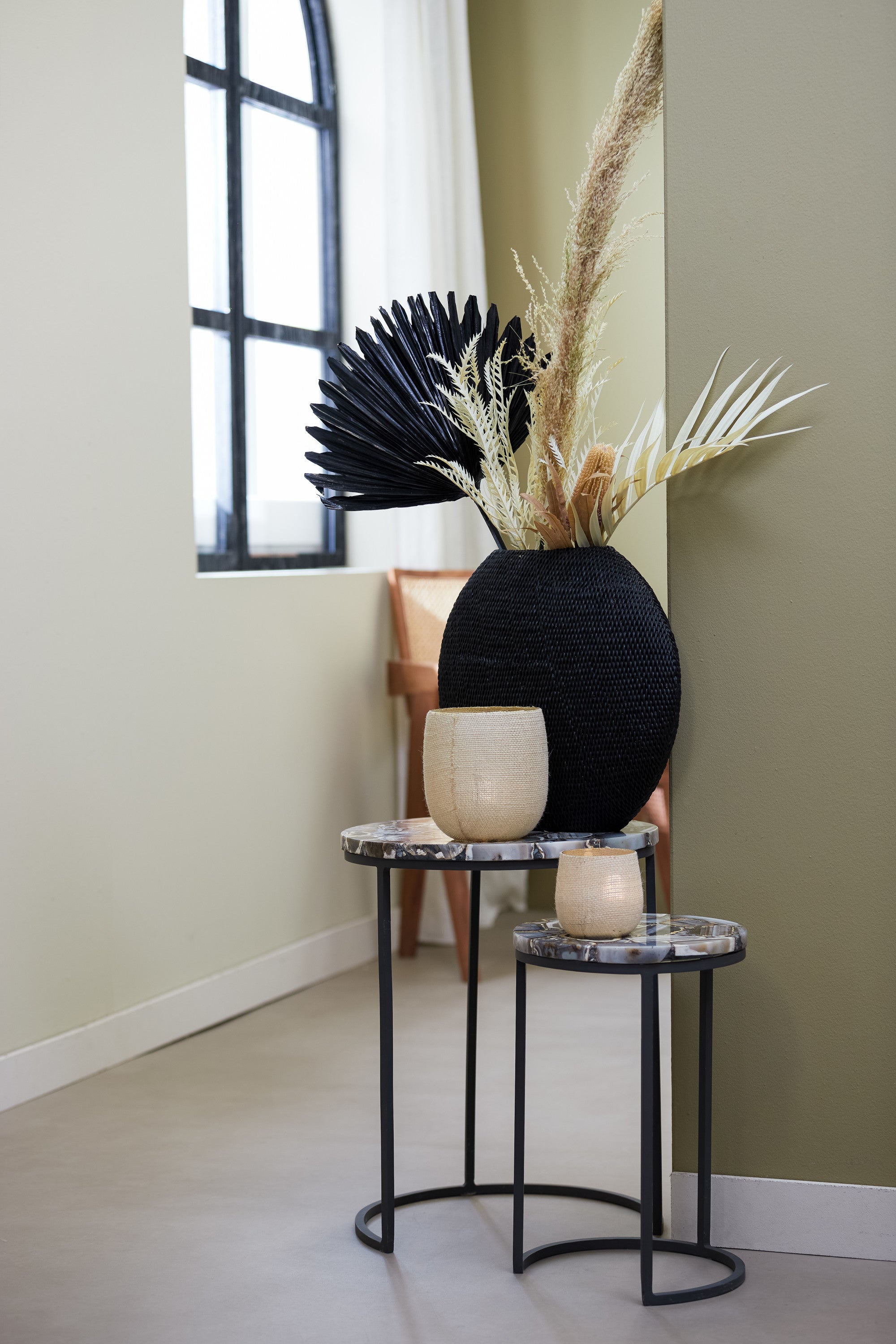 Axat Set of 2 Brown Agate & Black Round Side Tables Nest