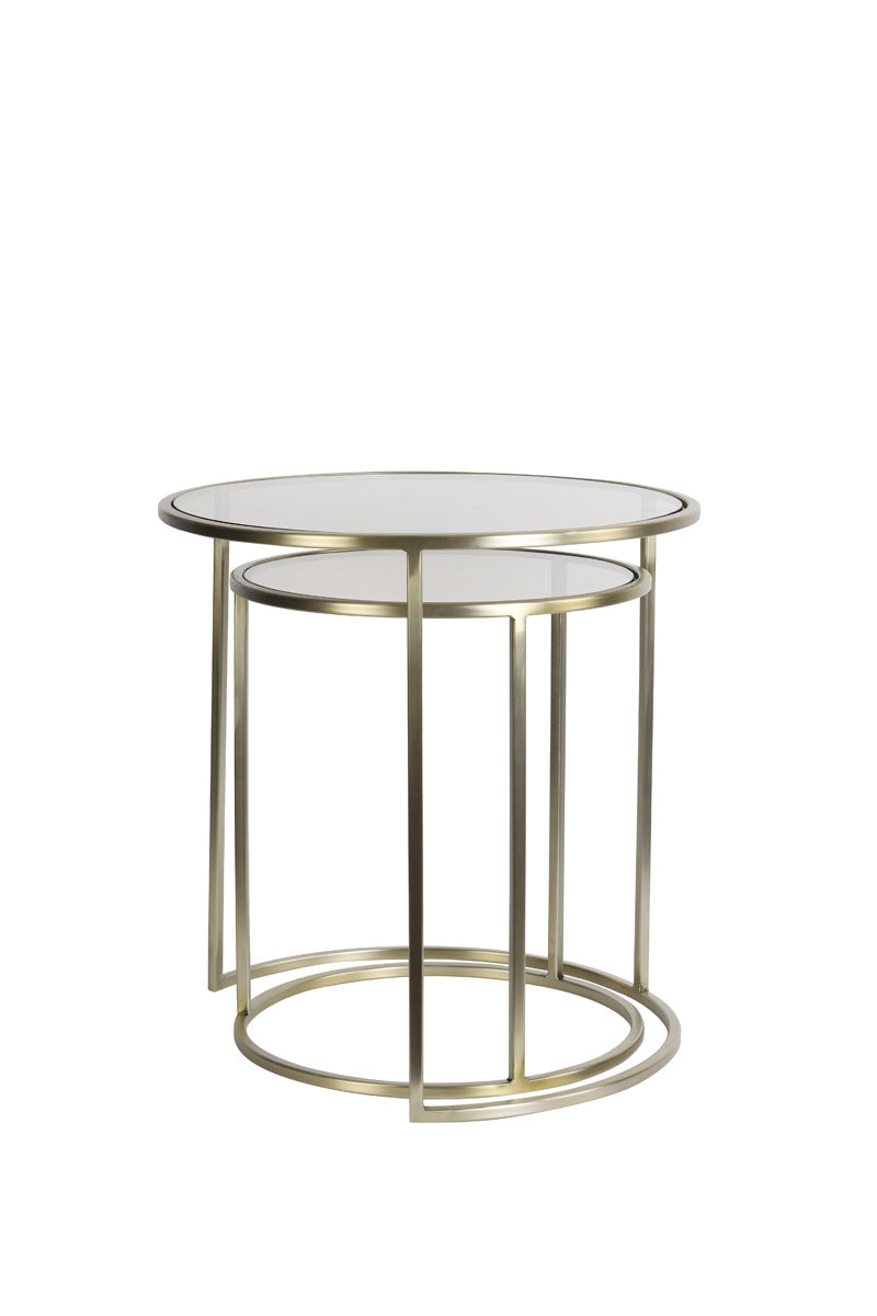 Duarte Set of 2 Brown Glass & Light Gold Round Side Tables Nest