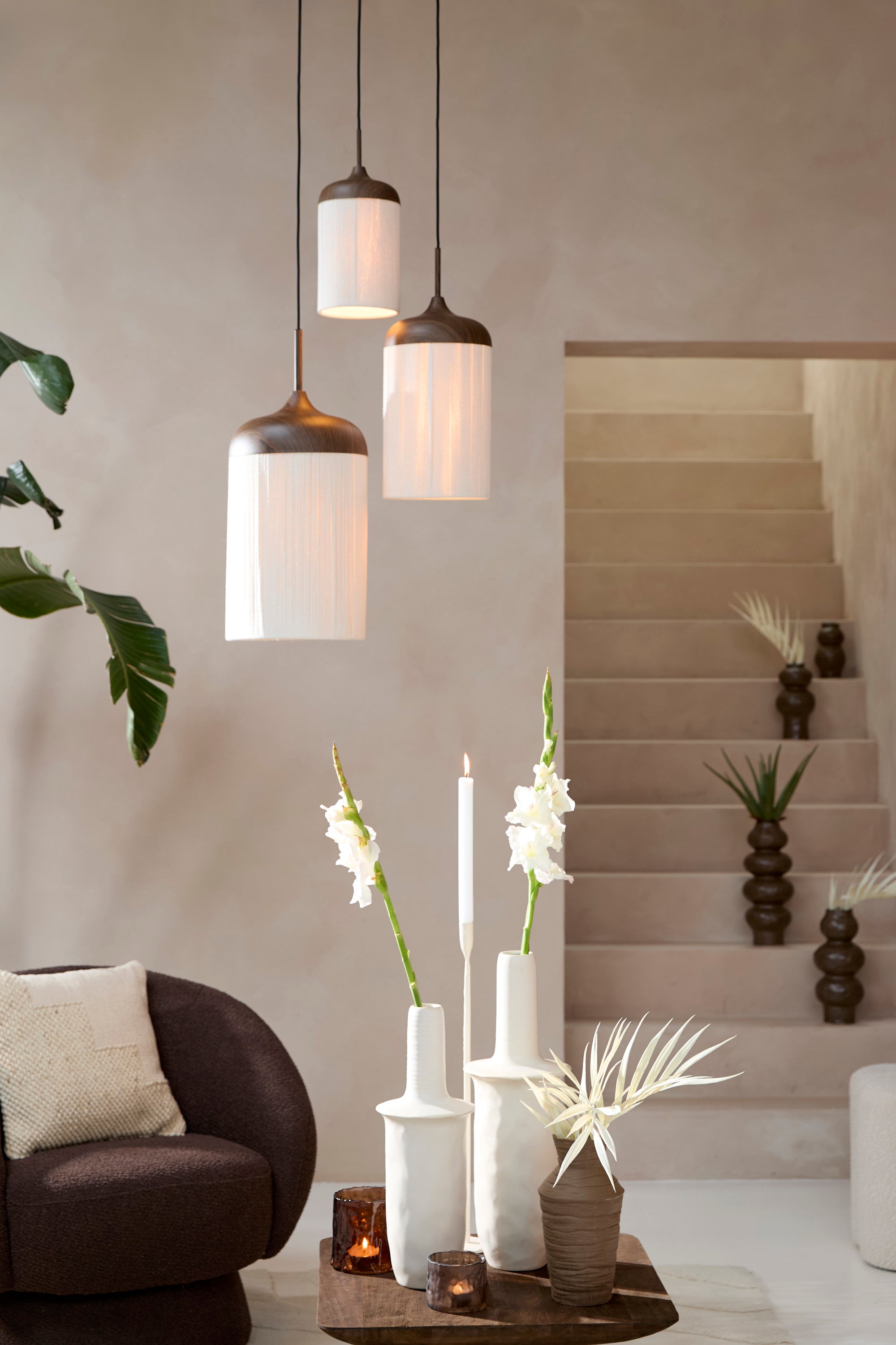 Dania Dark Brown Wood Effect & Cream Rope Pendant Light 27.5cm