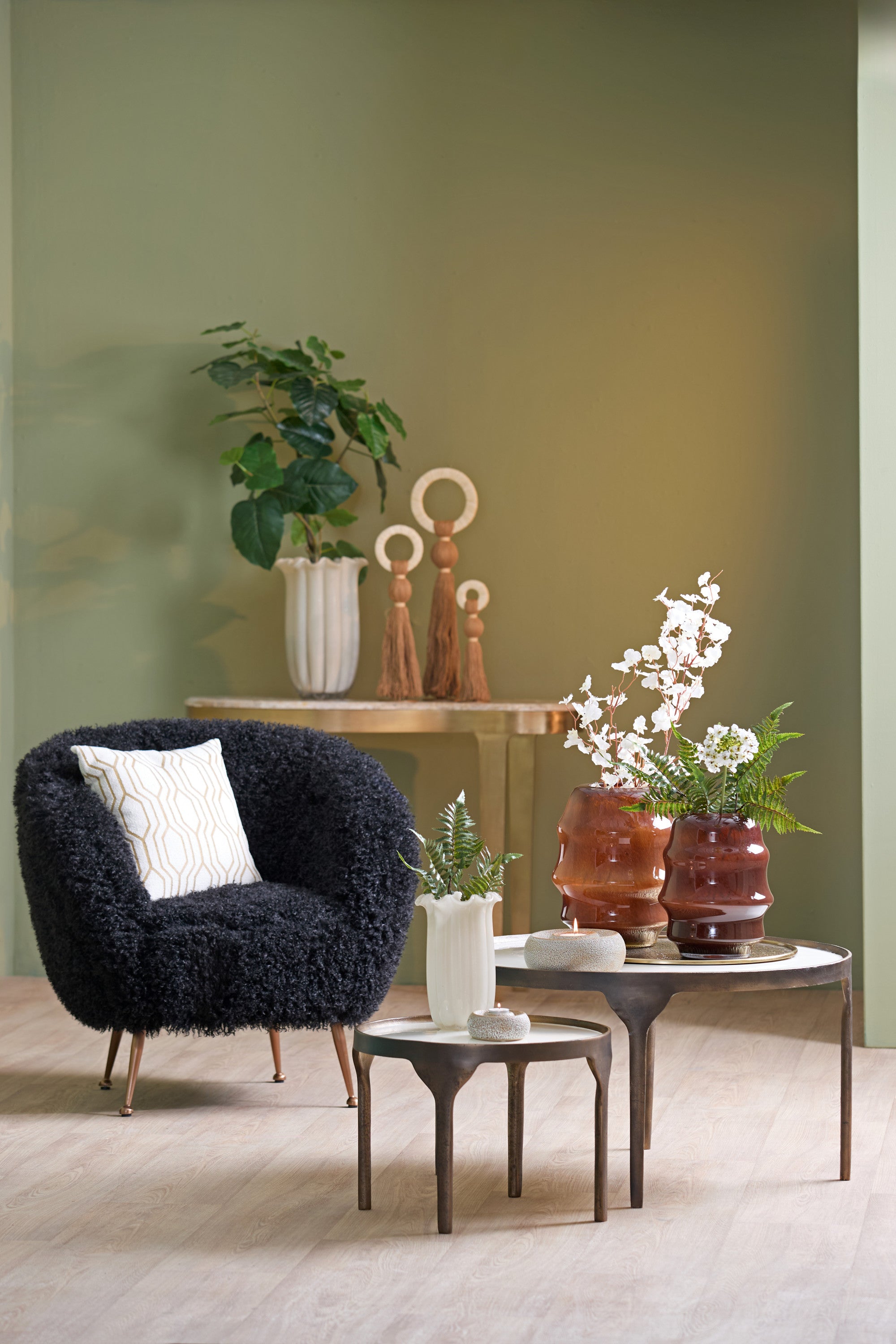 Eli Set of 2 Gloss Cream & Brown Bronze Metal Round Coffee Tables Nest