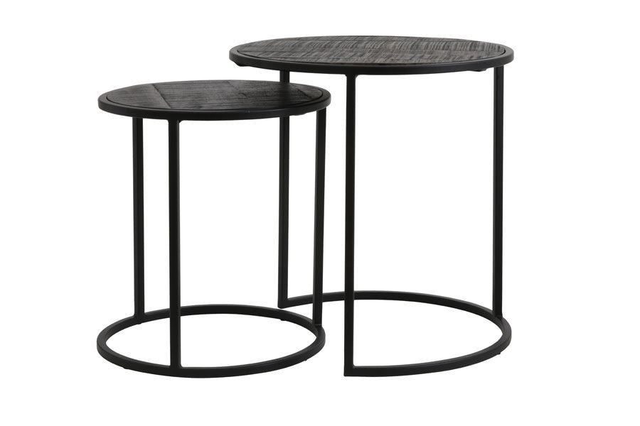 Doba Set of 2 Antique Matt Black Wood Round Side Tables Nest
