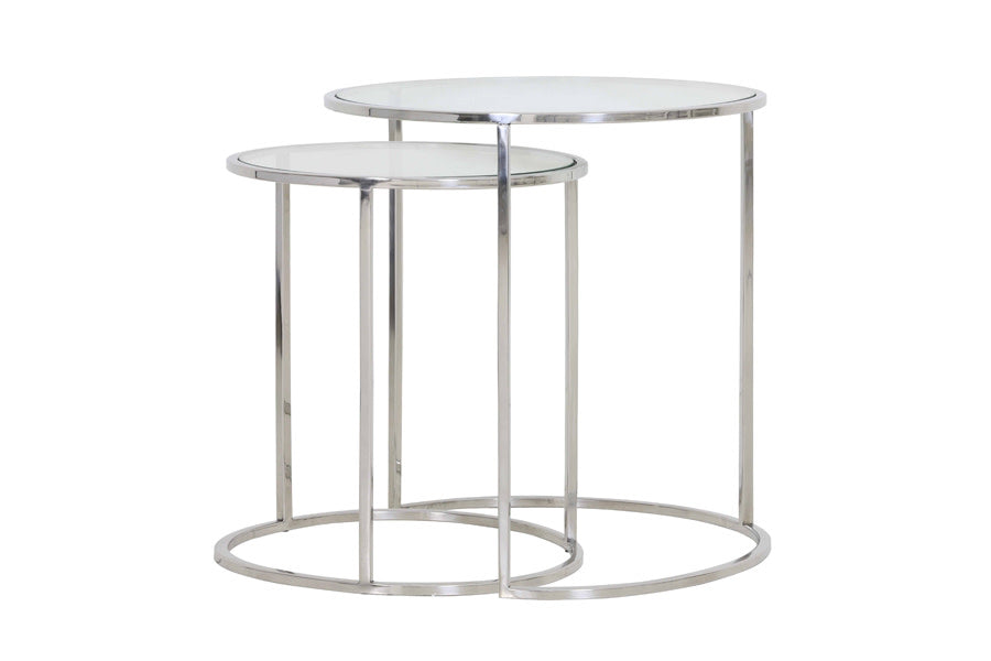 Duarte Set of 2 Nickel & Glass Round Side Tables Nest