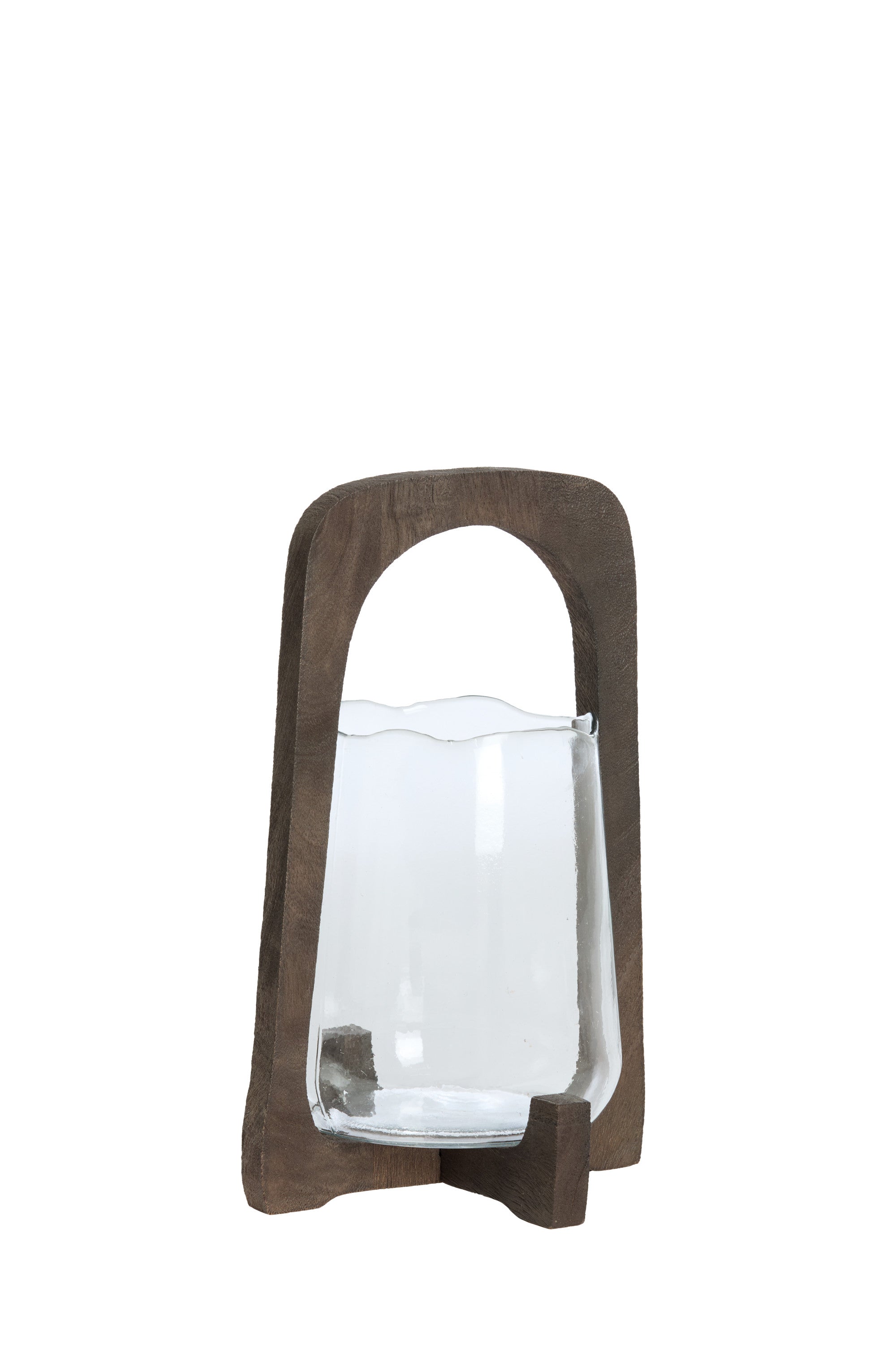 Anosy Clear Glass & Matt Dark Brown Wood Hurricane Candle Holder 35cm