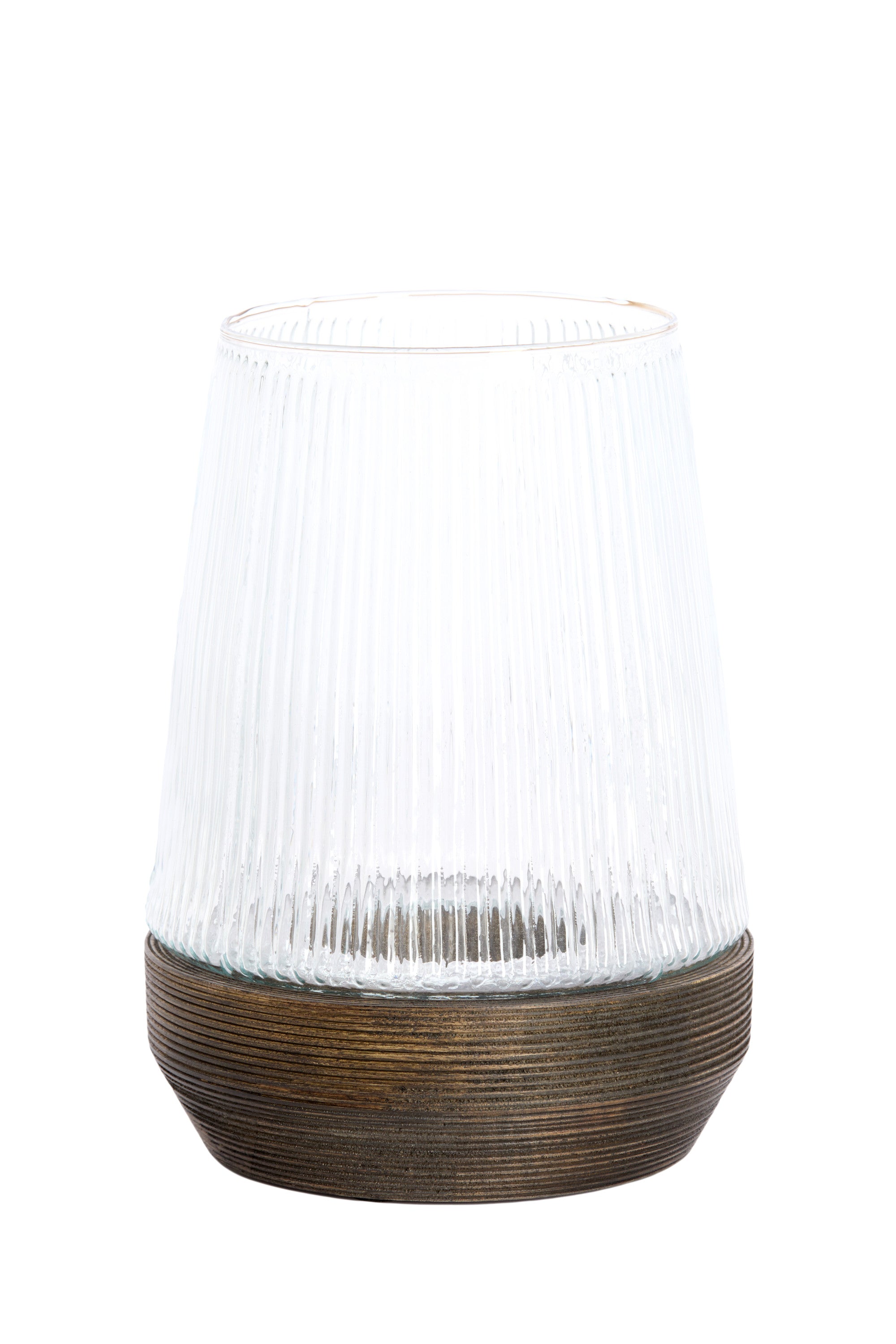 Minas Ribbed Clear Glass & Dark Brown Wood Hurricane Candle Holder 30cm