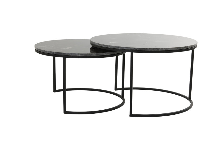 Alfio Set of 2 Dark Brown Marble & Black Round Coffee Tables Nest