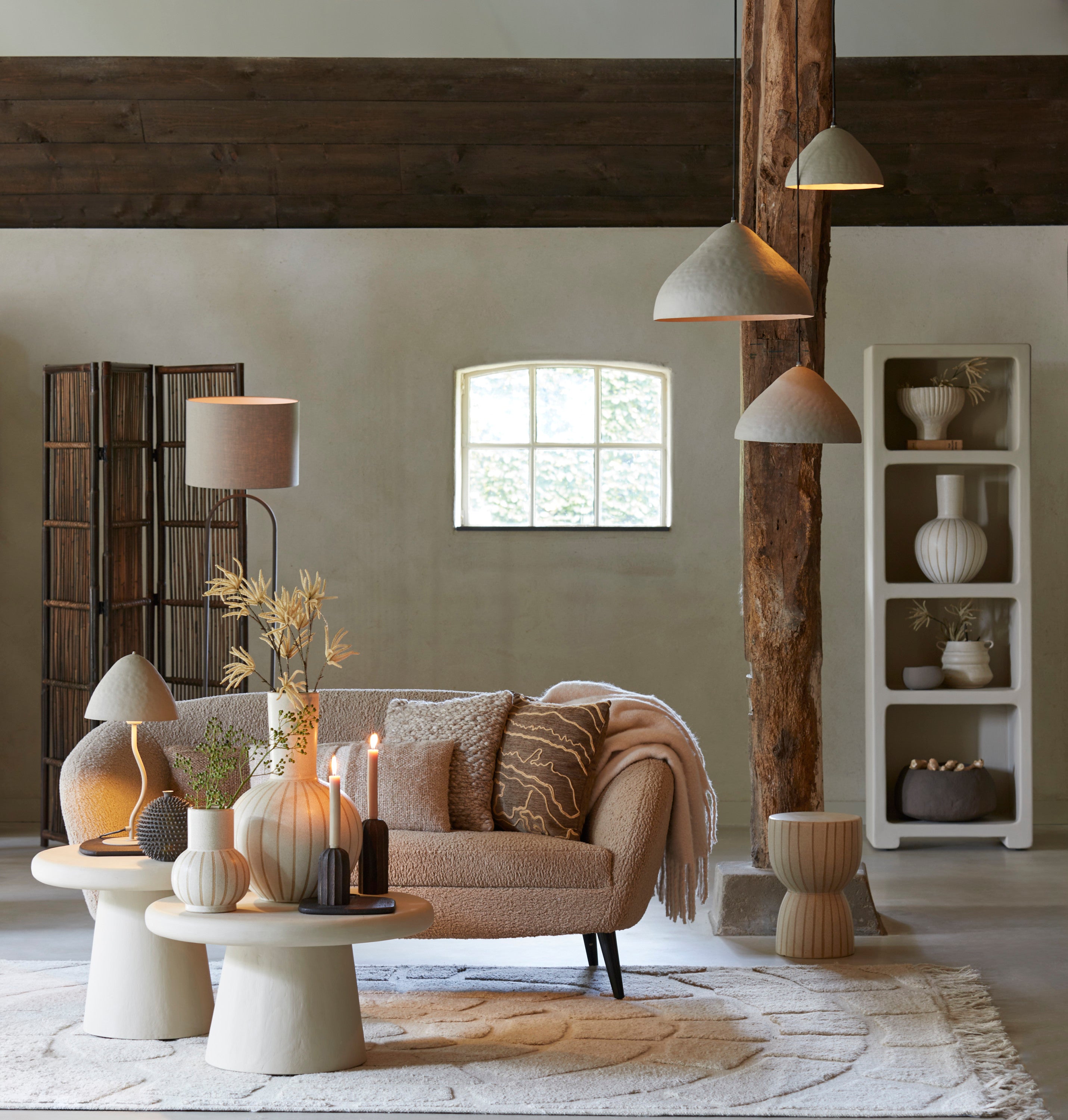 Finca Matt Sand & Brown Striped Ceramic Round Side Table