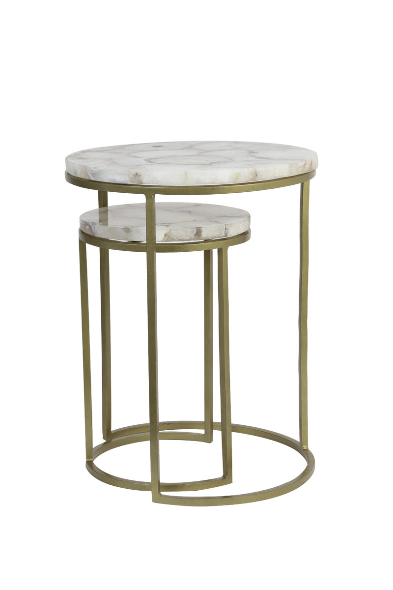 Axat Set of 2 White Agate & Antique Bronze Round Side Tables Nest