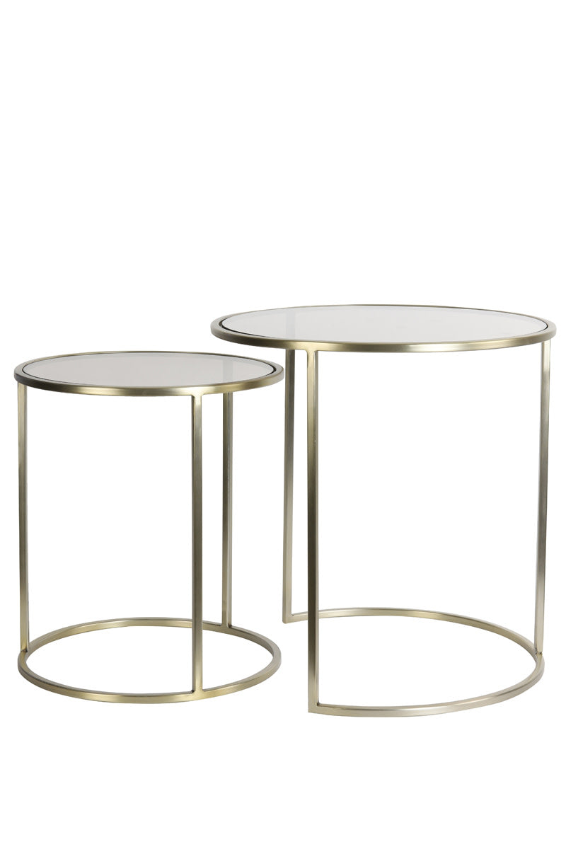 Duarte Set of 2 Brown Glass & Light Gold Round Side Tables Nest