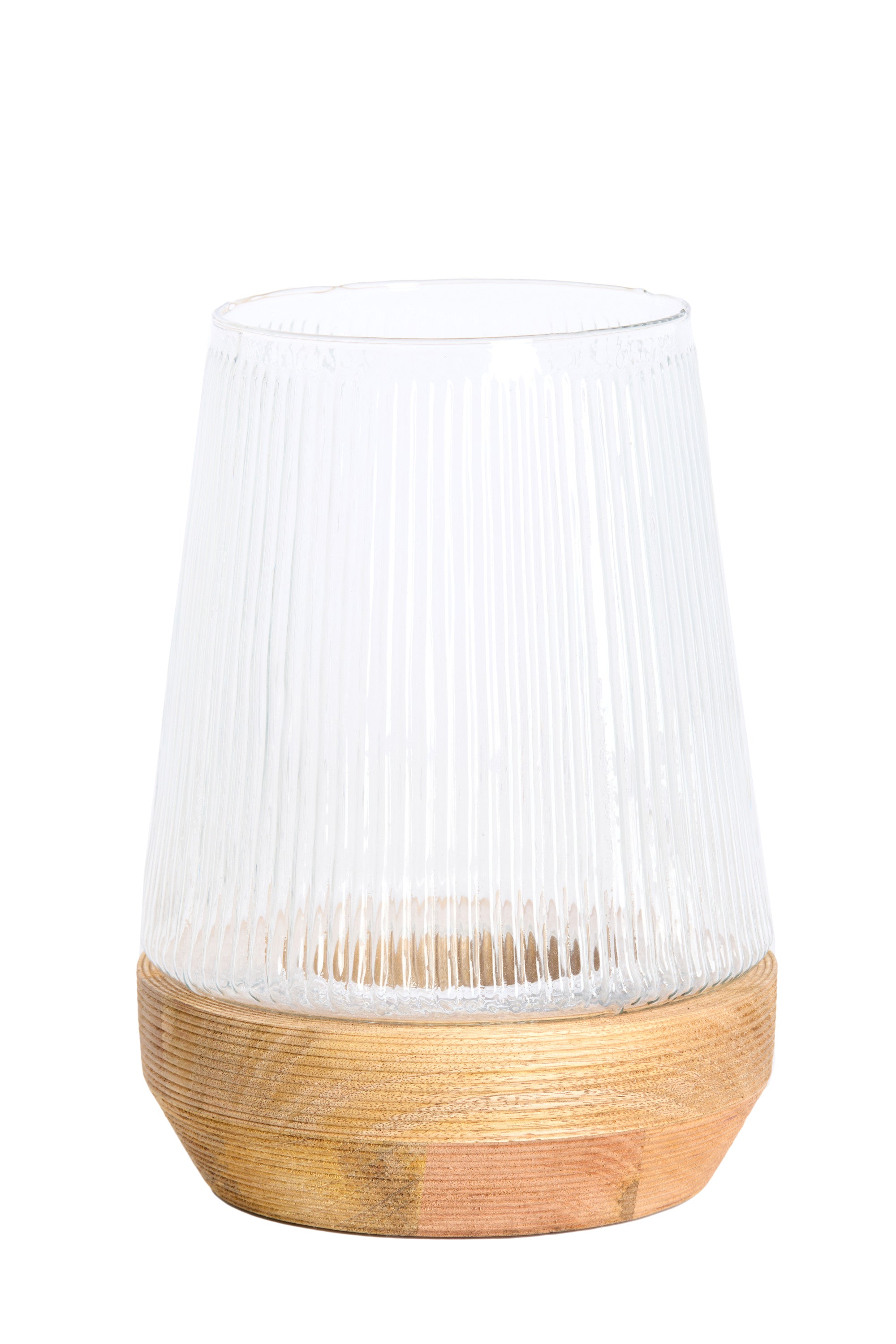 Minas Ribbed Clear Glass & Natural Wood Hurricane Candle Holder 30cm