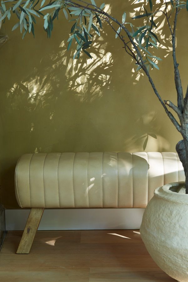Ramy Sand Leather & Natural Wood Bench