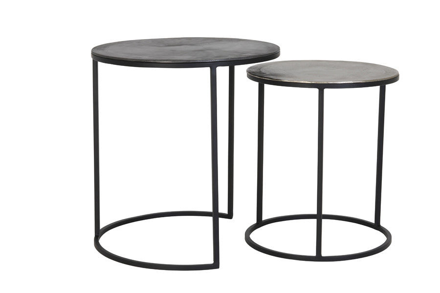 Talca Set of 2 Raw Lead & Antique Lead Metal Round Side Tables Nest