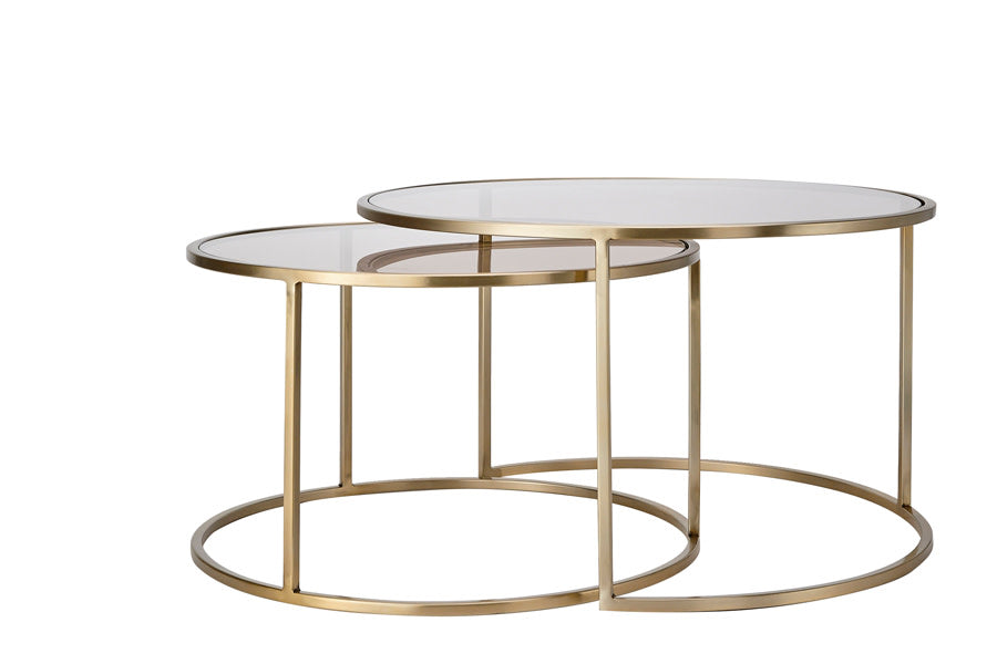 Duarte Set of 2 Brown Glass & Light Gold Round Coffee Tables Nest