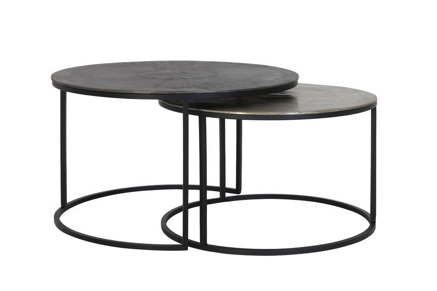 Talca Set of 2 Raw Lead & Antique Lead Metal Round Coffee Tables Nest
