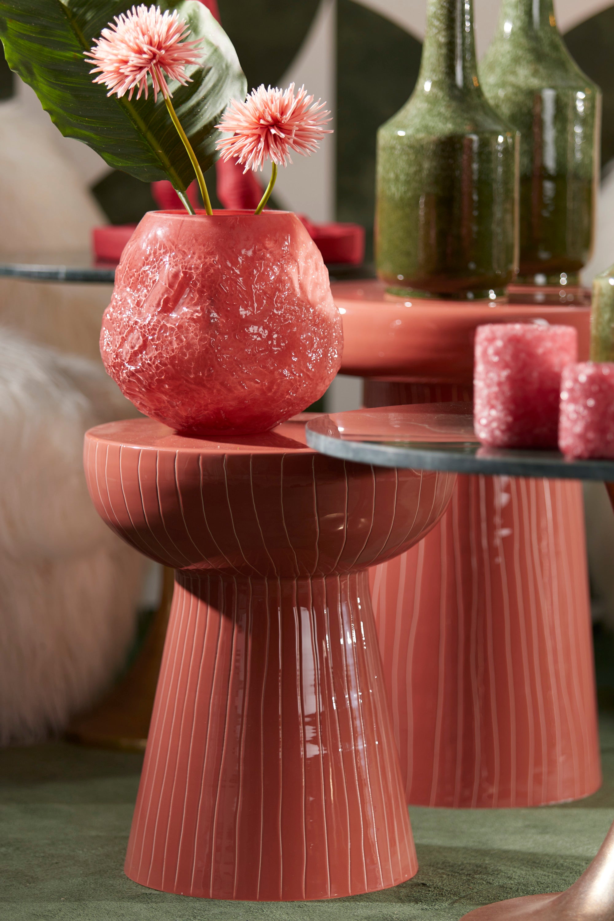 Nunoa Coral Ribbed Metal Round Side Table 41cm