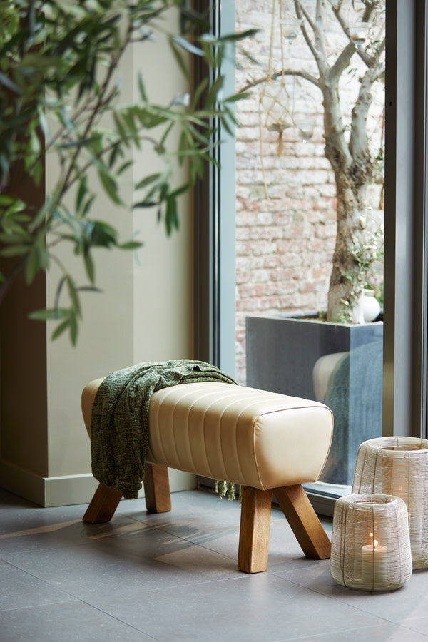 Ramy Sand Leather & Natural Wood Bench