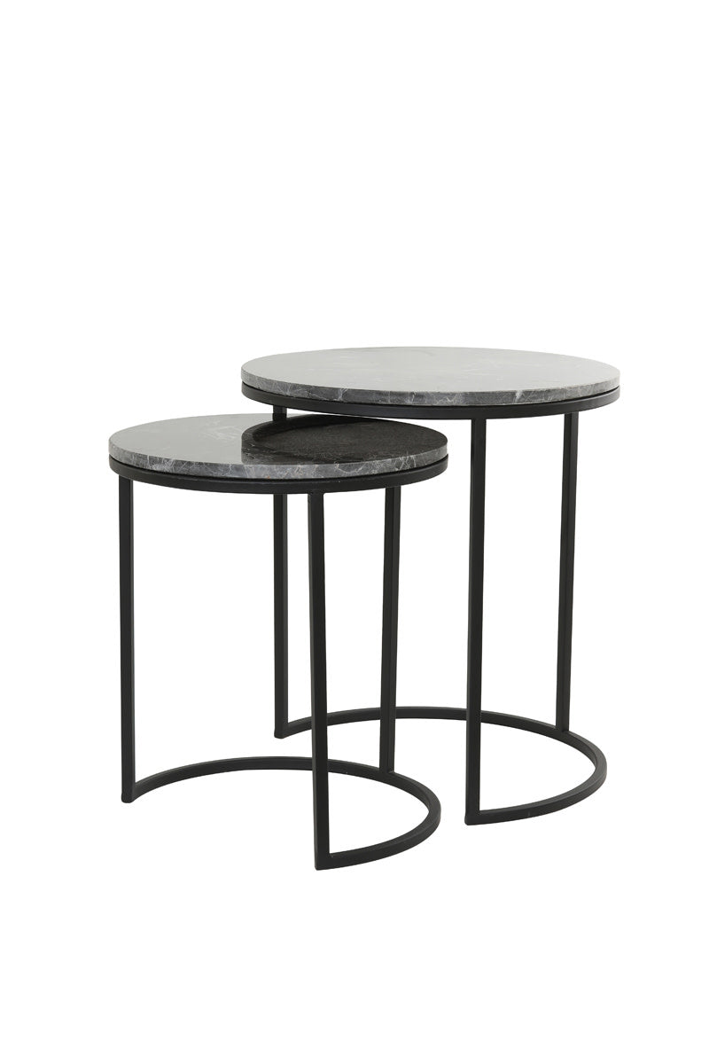 Alfio Set of 2 Dark Brown Marble & Black Round Side Tables Nest