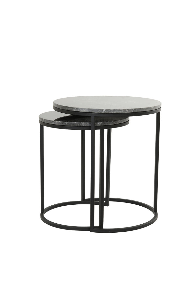 Alfio Set of 2 Dark Brown Marble & Black Round Side Tables Nest
