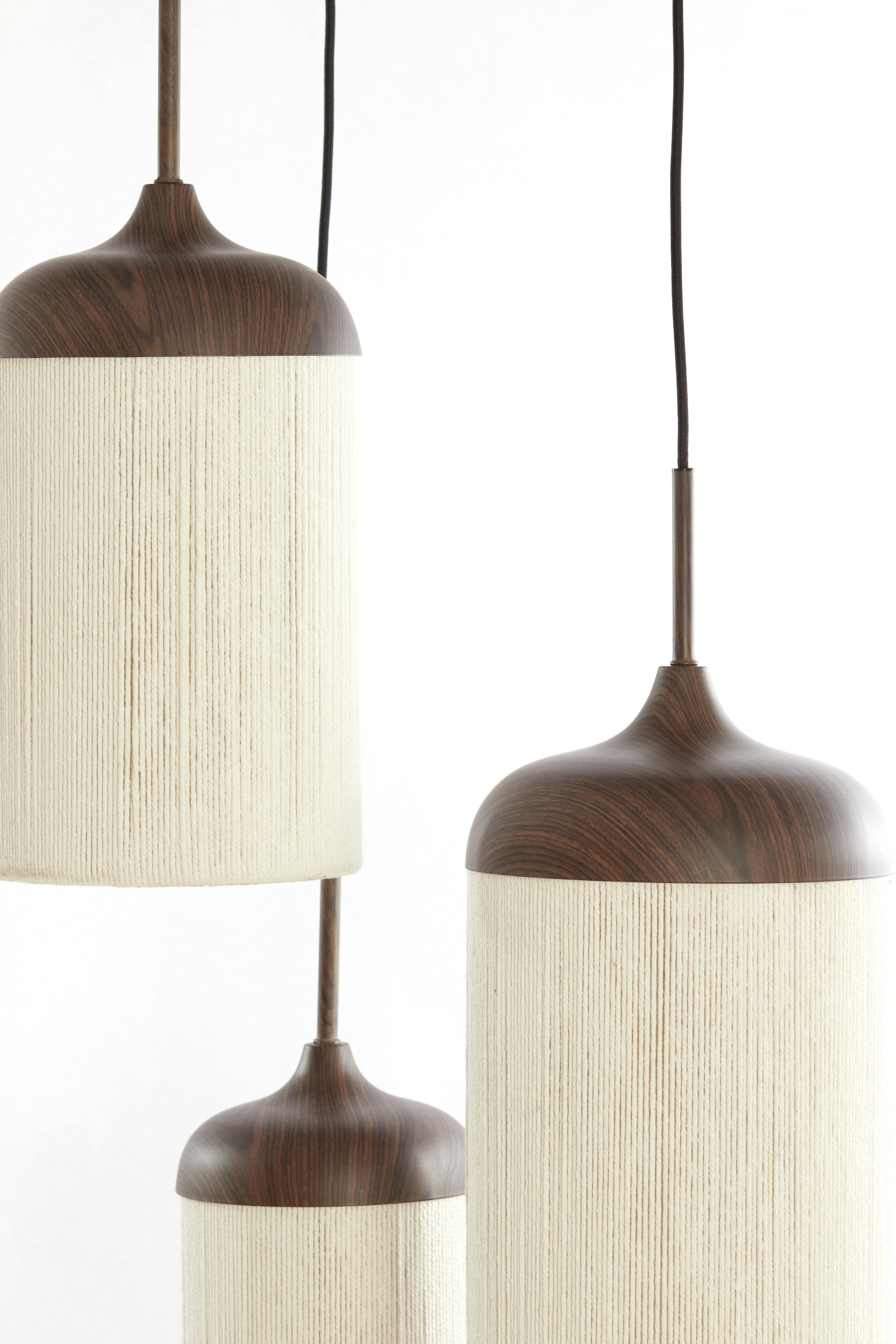 Dania Dark Brown Wood Effect & Cream Rope 3 Light Pendant Light 35cm