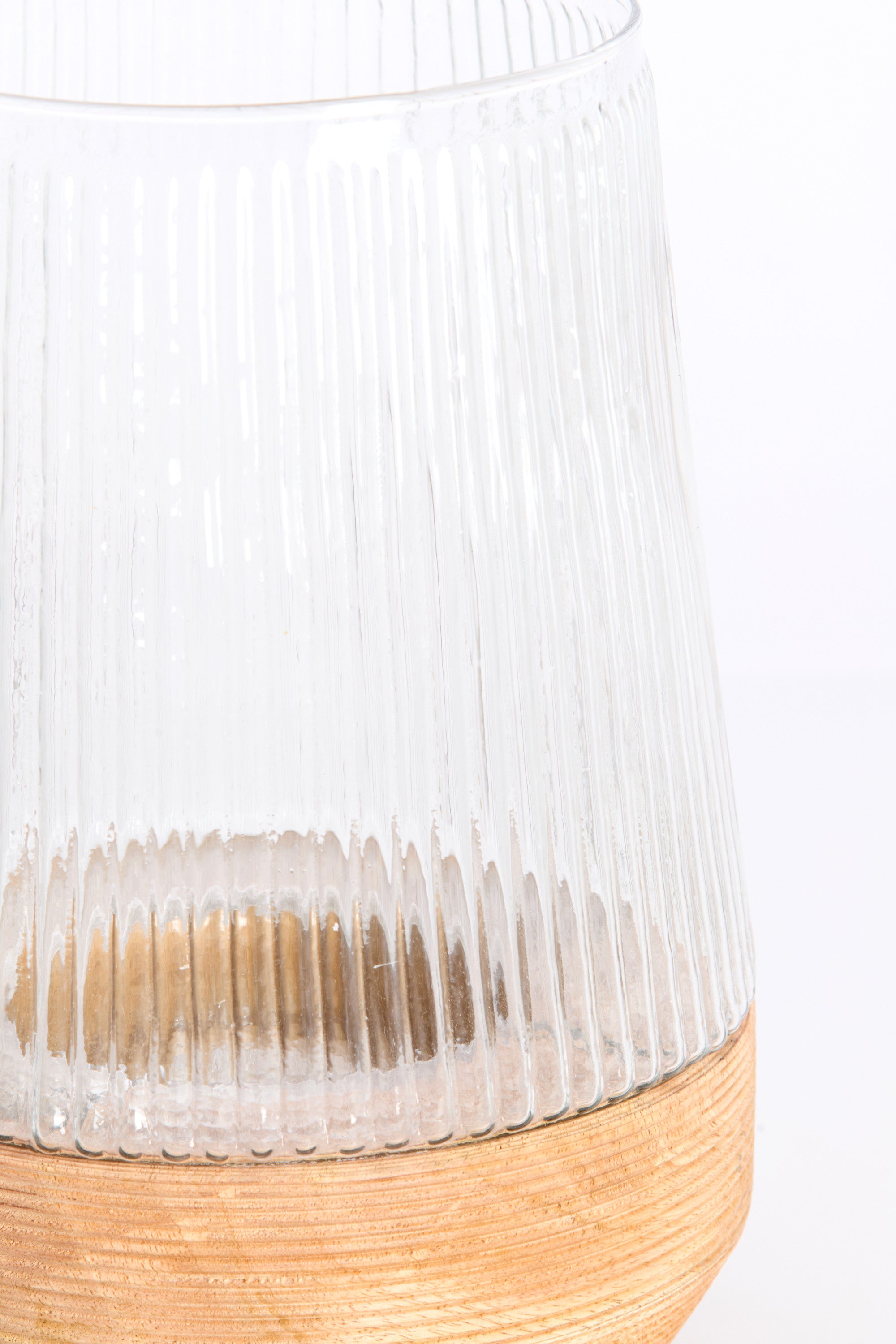 Minas Ribbed Clear Glass & Natural Wood Hurricane Candle Holder 30cm