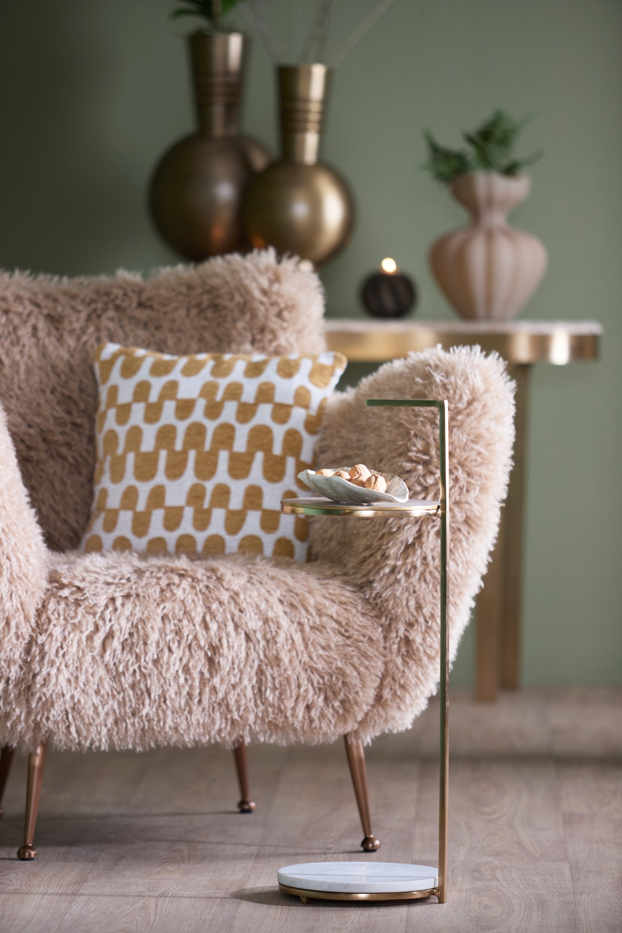 Leda White Marble & Antique Bronze Round Side Table